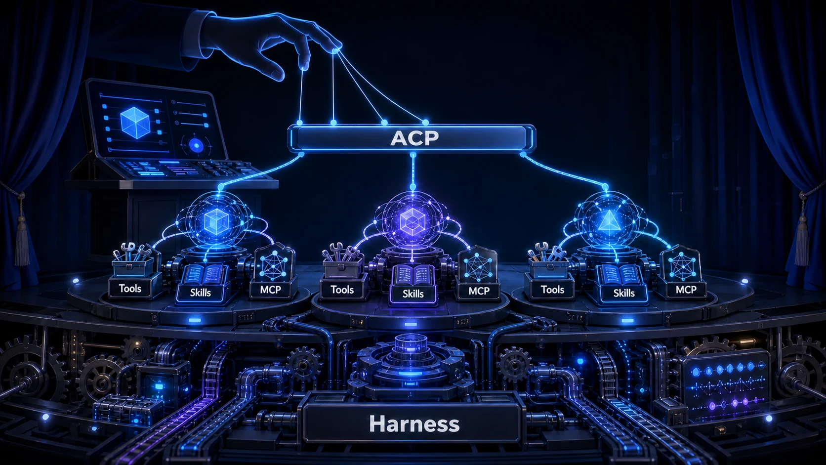 业务程序像木偶师一样通过 ACP 操作多个 Coding Agent，各 Agent 自主使用 Tools、Skills、MCP，并复用底层 Harness Engineering