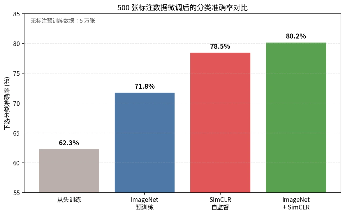 500 张标注数据微调后:从头训练、ImageNet 预训练、SimCLR 与联合方案的分类准确率对比